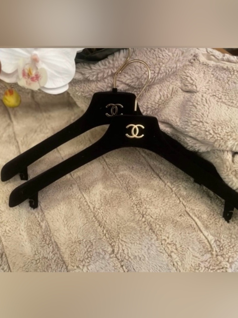 CHANEL Black Velvet Hangers with Gold CC Emblem
